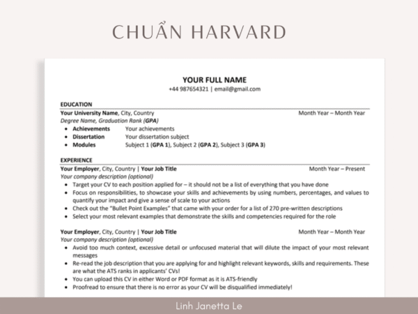 Mẫu CV 1 trang bằng tiếng Anh chuẩn Harvard